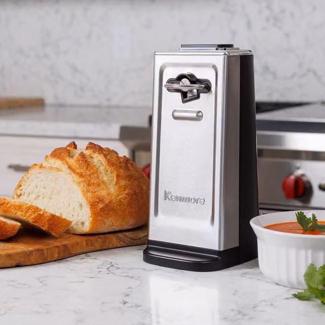Kenmore Electric Automatic Can Opener in Silver and Black Stainless Steel