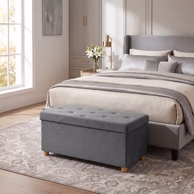 HOMCOM Grey Velvet Upholstered Foldable Ottoman Footrest with Wood Legs