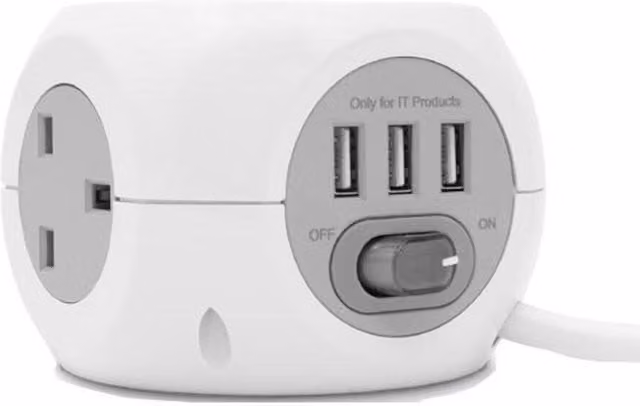 3 Way Cube Extension Lead with 3 USB Ports, 1.4m Cable, White