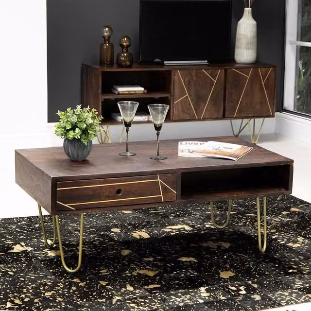 IH Design Jusleen Solid Mango Wood Coffee Table with Drawer in Brown and Gold – 1