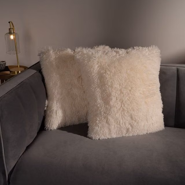 OHS Set of 2 Fluffy Shaggy Square Filled Cushions with Removable Covers in Beige, 45 x 45 cm