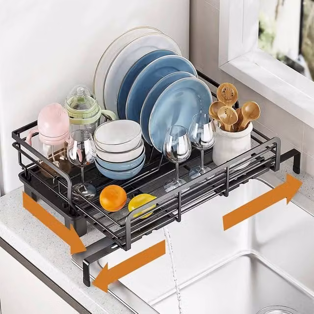 VOGREX Black Retractable Carbon Steel Dish Drainer Rack with Removable Drip Tray – 1