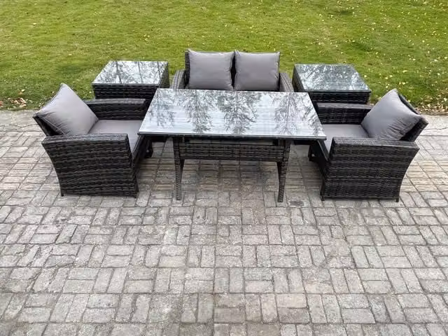 Fimous Rattan Garden Furniture Set with Rectangular Dining Table and Lounge Sofa in Dark Grey