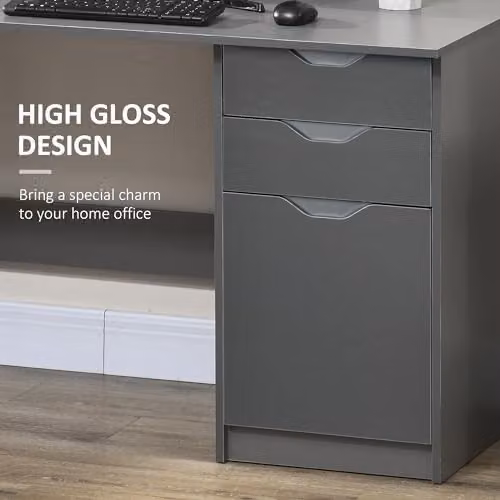 HOMCOM Modern High Gloss Computer Desk with Storage Cabinet in Grey, W/D/H: 120 x 60 x 76 cm – 3