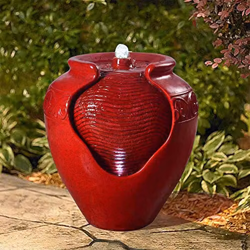 Teamson Home Red Cascading Water Feature with LED Lights, Square Polyresin and Ceramic Outdoor Garden Fountain, H 43.0 x W 39.0 x D 39.0 cm – 2
