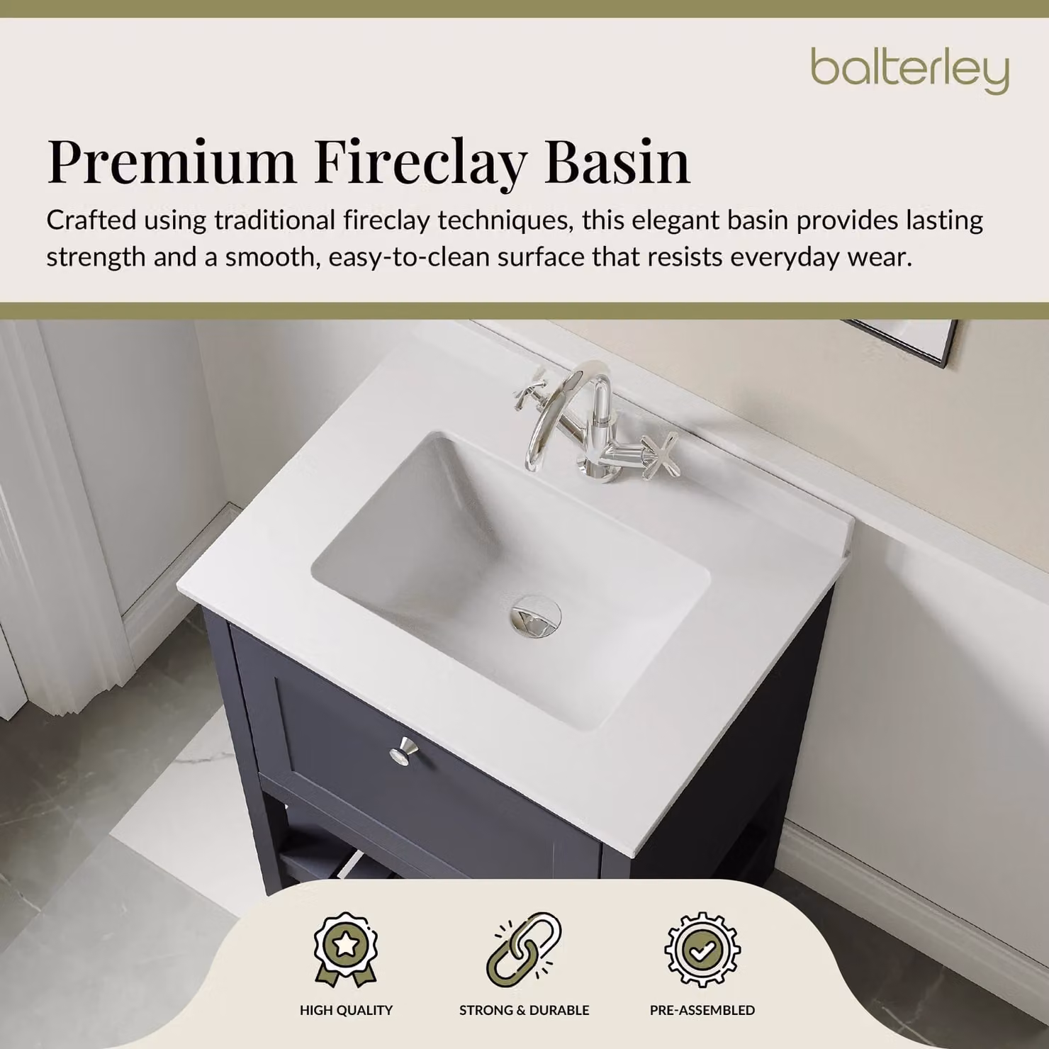 Balterley Freestanding Bathroom Floor Vanity Unit with 1 Drawer and 1 Tap Hole, Indigo Blue and White, W: 60 cm – 3