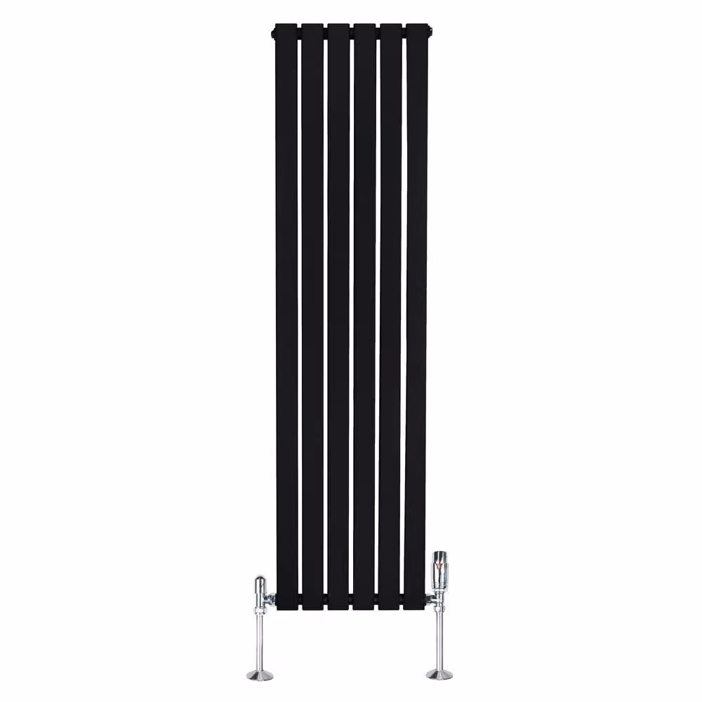 Monstershop Flat Single Column Steel Radiator with Integrated Valves and Thermostat Head, Black, H: 160 cm x W: 42 cm – 2