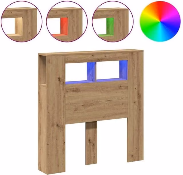 Berkfield Home Artisan Oak LED Headboard in Brown with Integrated Shelf and USB Charging Port, W/D/H: 100 x 18.5 x 103.5 cm