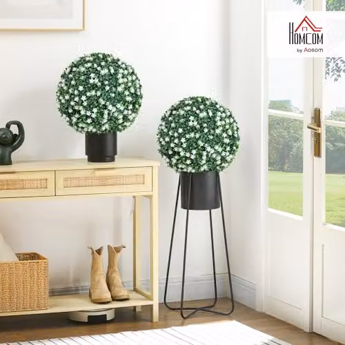 HOMCOM Set of 2 Hanging Artificial Floral Topiary Balls with Flowers, Green and White, Diameter: 40 cm – 2