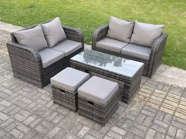 Fimous Dark Grey Rattan Garden Furniture Set with 2 Seater Love Sofa and Rectangular Coffee Table for 6 People