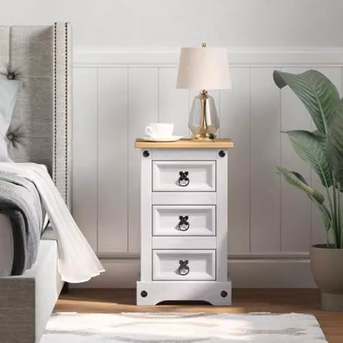 vidaXL CORONA Bedside Table in White, Solid Pine Wood, W: 35 cm, D: 32.5 cm, H: 58 cm – 2