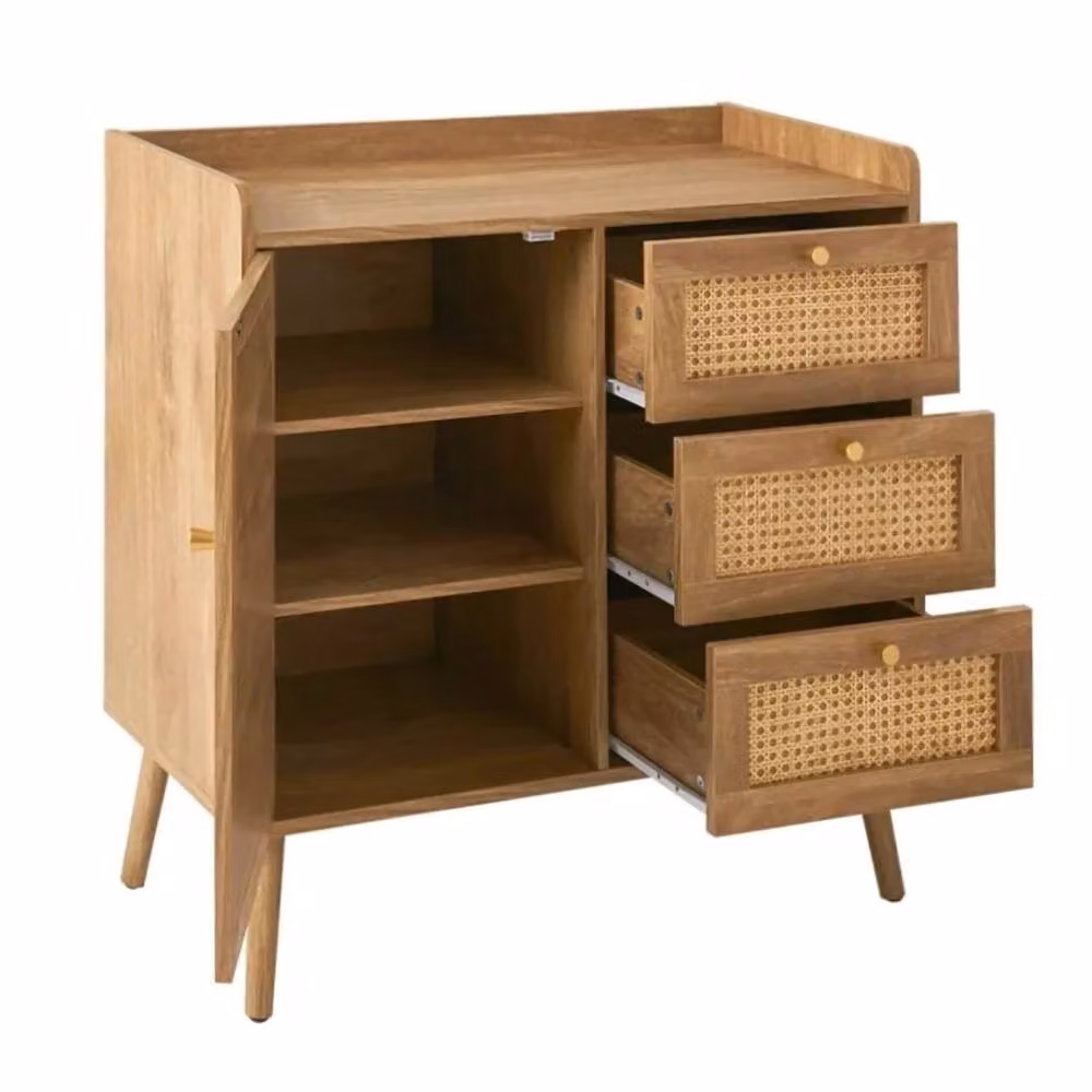 CALICOSY Chest of Drawers with 1 Door and 3 Drawers, Rattan Fronts and Wood in Light Brown, W/D/H: 79.5 x 39.0 x 80.0 cm – 4