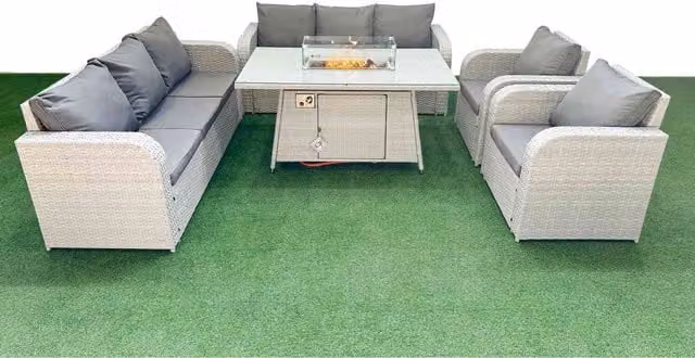 Fimous 8-Seater PE Rattan High Back Lounge Set in Light Grey with Reclining Chairs, Firepit Table and Upholstered Cushions