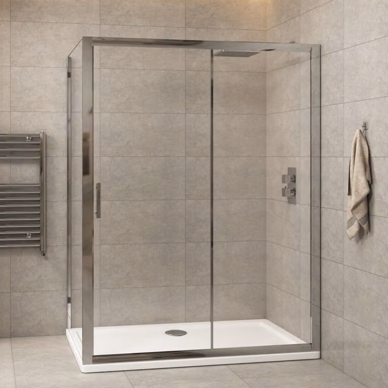 Royal Bathrooms Grand Rectangular Sliding Door Shower Enclosure with 6mm Transparent Glass and Silver Frame, W: 140 cm