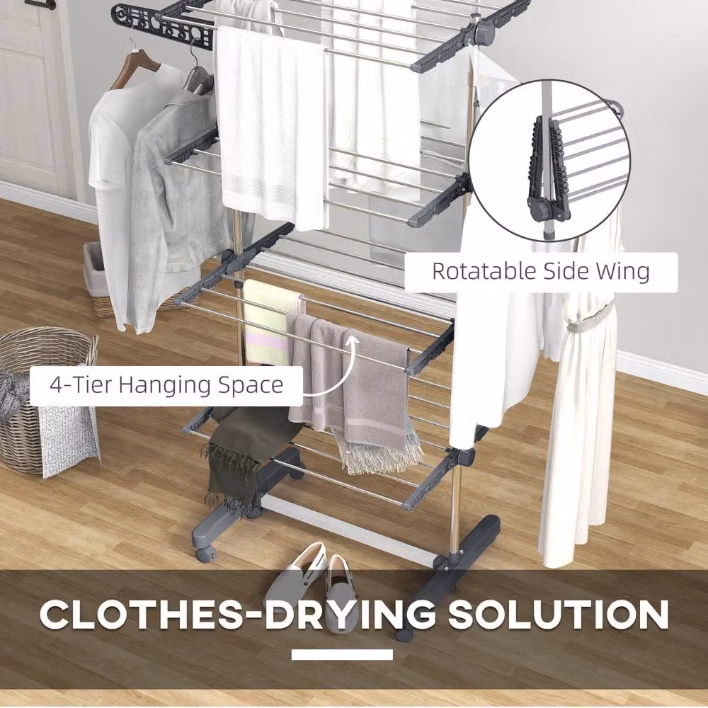 STILVORA Foldable Stainless Steel Clothes Airer with 4 Shelves and Wheels in Grey – 4