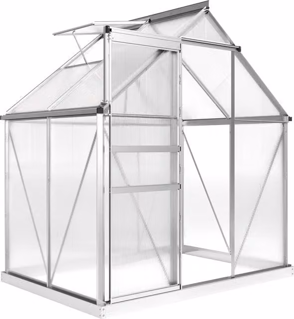 Outsunny Silver-Tone Walk-In Polycarbonate Greenhouse with Sliding Window and Rain Gutter, W: 131 cm, H: 192.5 cm