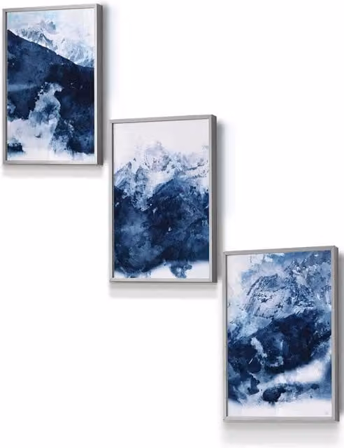ARTZE Abstract Blue, White and Grey Mountain Landscape Framed Wall Art in Wood, W: 33 cm, H: 45 cm, D: 0.2 cm