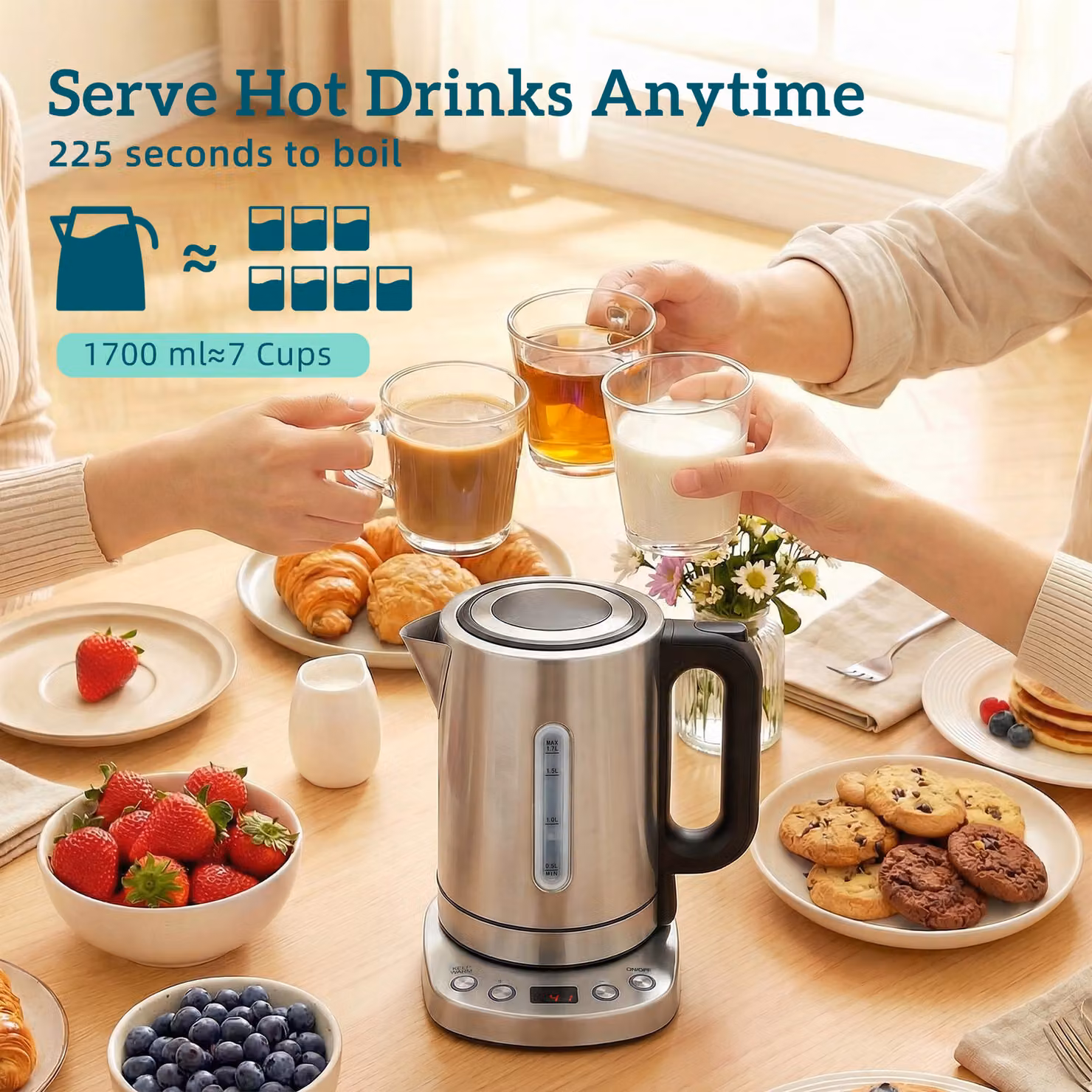 HOMCOM Electric Kettle, 1.7 l, Silver Tone, with Keep Warm Function and Limescale Filter – 4