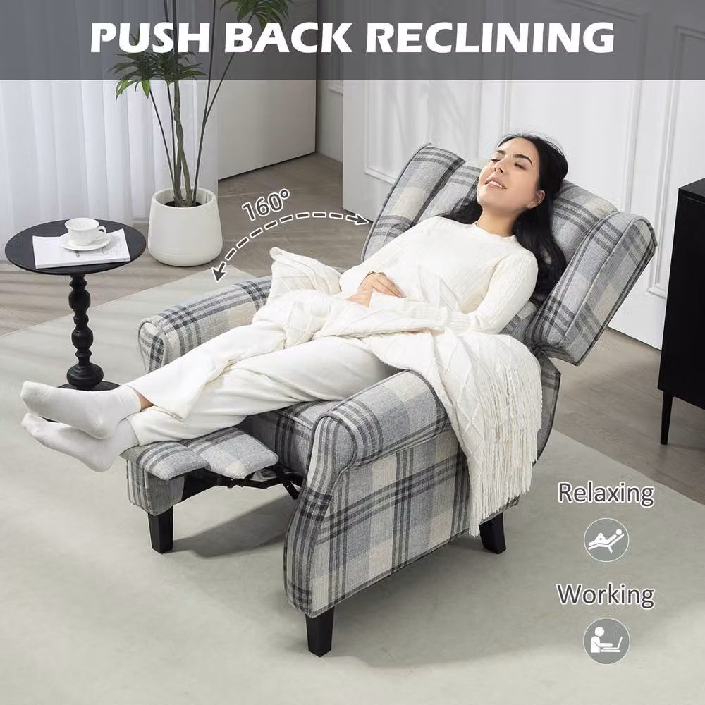 STILVORA Grey Checked Fabric Recliner Armchair with Integrated Ottoman and Footrest – 4