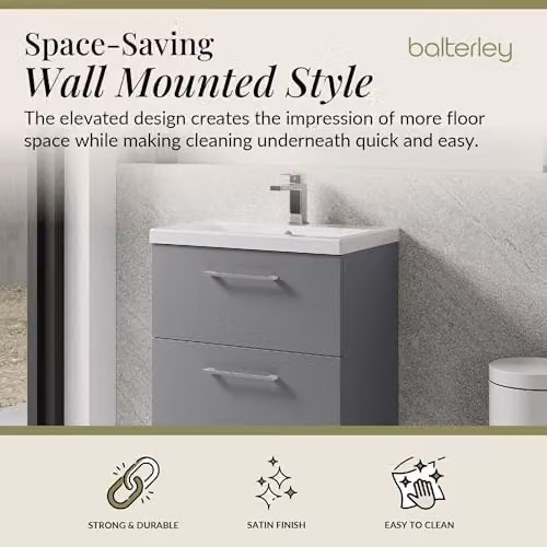 Balterley Wall Hung Bathroom Vanity Unit with Basin and 2 Soft Close Drawers, Grey, W: 61.0 cm, D: 39.0 cm, H: 57.9 cm – 2