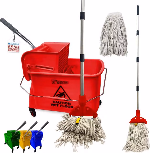 TDBS Kentucky Floor Mop and Bucket Set with Wringer and Refillable Head, Red and Yellow