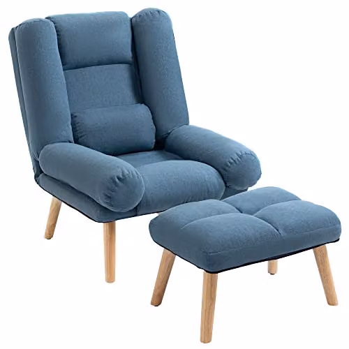 HOMCOM Blue Linen-Look Fabric Recliner Armchair with Integrated Footstool and Adjustable Backrest – 1