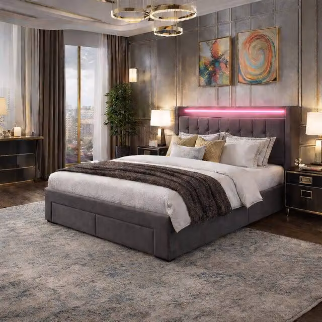 Harmin Luxury Grey 5ft King Ottoman Bed with LED Headboard and USB Charging Port