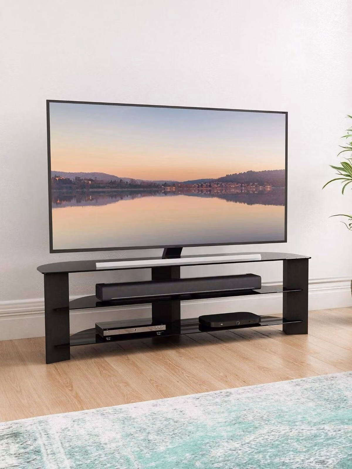 AVF Varano Corner TV Stand in Black Glass for 61-70 inch TVs, W/D/H: 150 x 40 x 44.5 cm