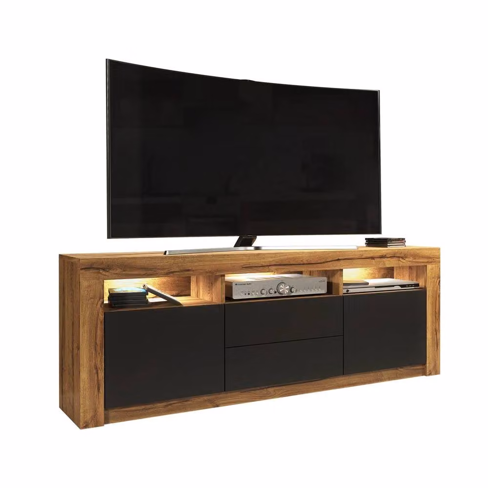 FORGEVIO Modern Wood TV Unit and Sideboard Cabinet in Brown and Black with Integrated Lighting – 2