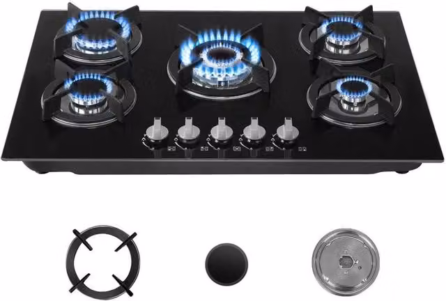 PAWNORA Black Tempered Glass Built-in Gas Hob, Width: 77 cm