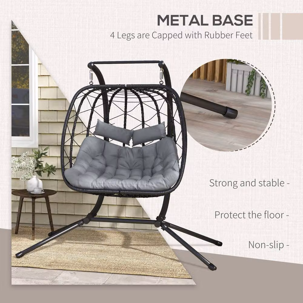 ERGOVEXA Two-Seater Hanging Egg Chair with Steel Frame, Black, H 189 x W 132 x D 132 cm – 6
