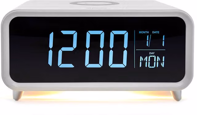 Groov-e Athena Alarm Clock with Wireless Charging Pad and Dimmable Night Light, White