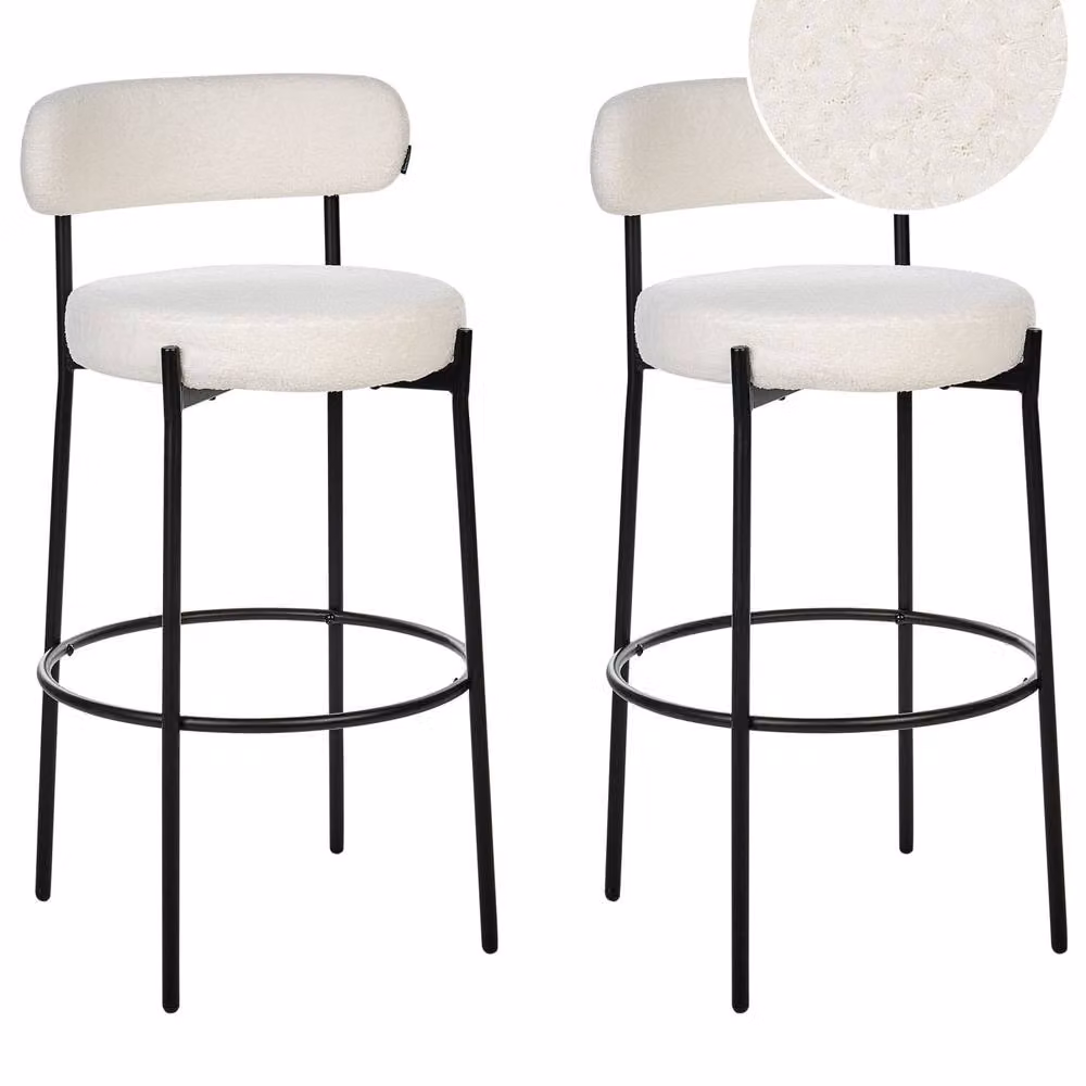 Wyld and Coco Set of 2 White Bouclé Bar Stools with Matte Black Metal Legs – 2