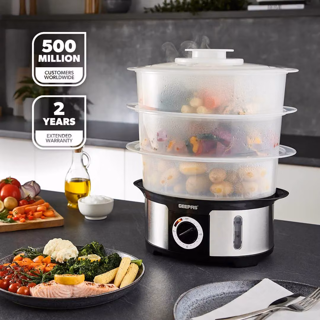 Geepas 12L 3 Tier Electric Food Steamer and Slow Cooker in White – 2