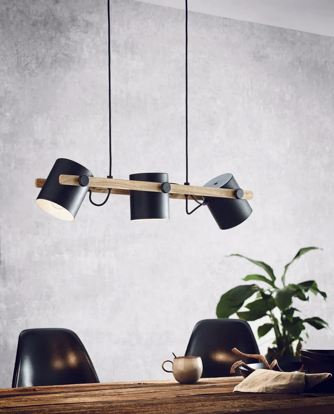 Loops Black and Wood Ceiling Pendant Light and 2x Matching Wall Lights with Adjustable Shades – 2