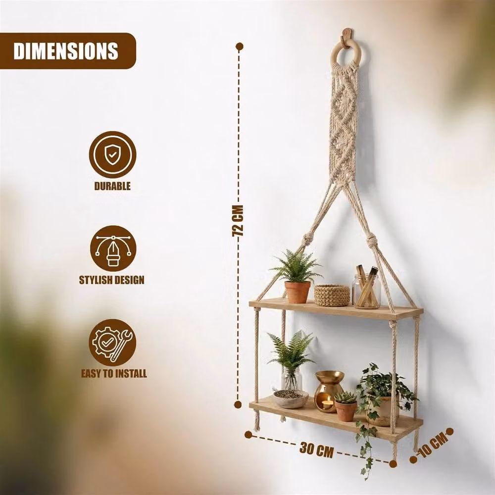 PAWNORA 2 Tier Brown Wooden Boho Rope Hanging Wall Mounted Shelf – 2