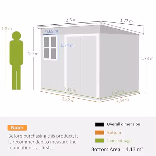 Outsunny Green Galvanised Steel Pent Garden Storage Shed with Window and Foundation Kit W: 260 cm, D: 190 cm, H: 177 cm – 7
