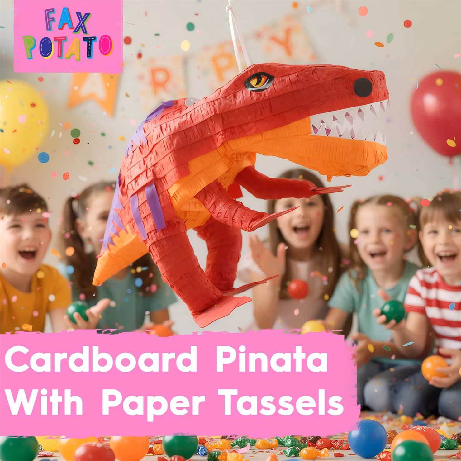 Fax Potato T-Rex Pinata Set with Stick and Blindfold, 3-Piece Multicolour Party Decoration Kit – 2