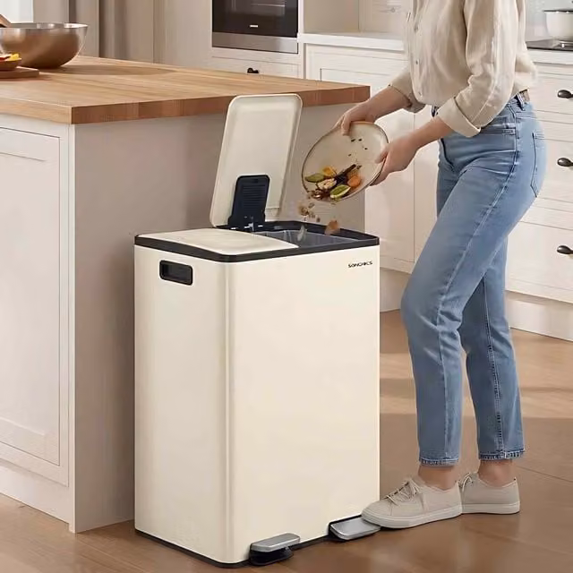 The Bazaarist Double Kitchen Recycling Pedal Bin with Soft Close and Removable Inner Buckets, Beige/Brown