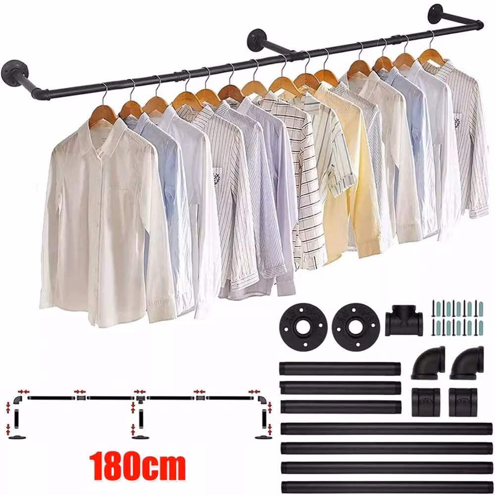 FLAVORA Matt Black Metal Wall Mounted Clothing Rail, 180 cm – 3