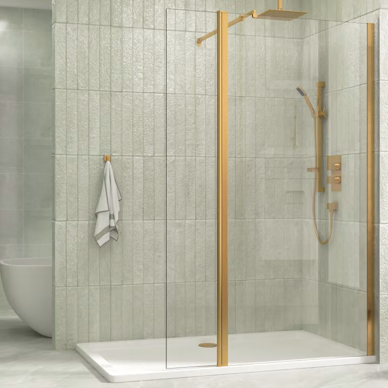 Royal Bathrooms Marbella 300mm Brushed Brass Wet Room Flipper Panel Shower Screen with 8mm Easy Clean Clear Glass