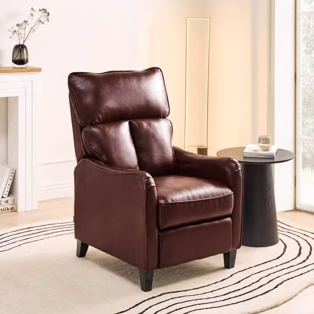 Wyld and Coco Heritage Recliner Armchair in Dark Brown Faux Leather with Ottoman and Solid Wood Frame