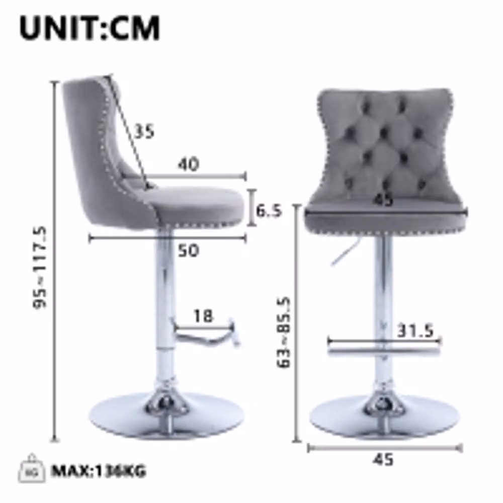 HomeTouch Vero Set of 6 Luxury Grey Velvet Bar Stools with 360 Degree Swivel and Adjustable Height – 3