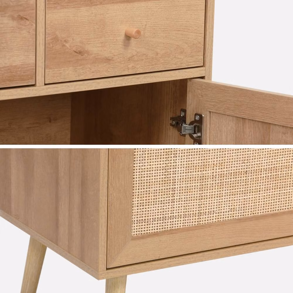 sweeek Wood and Cane Buffet with 4 Doors and 3 Drawers, Light Brown, W: 110 cm, D: 40 cm, H: 185 cm – 3
