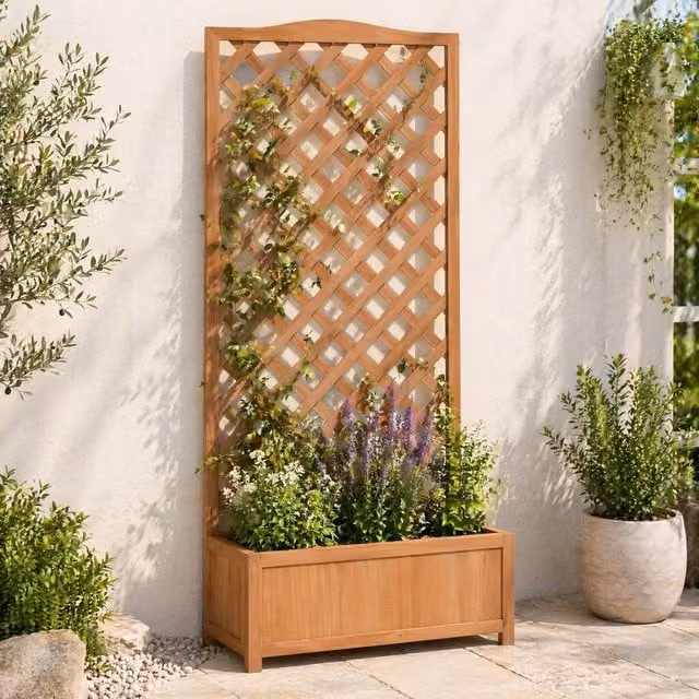 STILVORA Brown Wooden Planter Box with Trellis, W/D/H: 76 x 31 x 170 cm