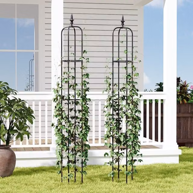 Komore Black Metal Garden Obelisk Trellis Support for Climbing Plants, Set of 2, Height: 152.4 cm