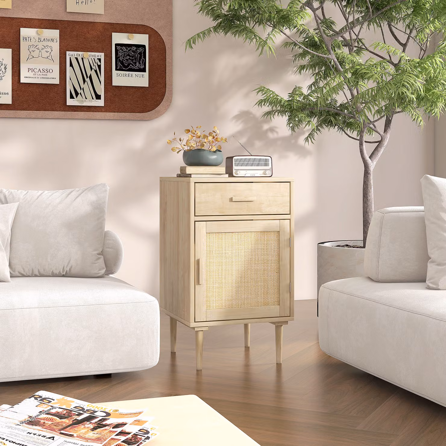HOMCOM Boho Rattan Bedside Table with Drawer, Cabinet and Adjustable Shelf in Beige – 2