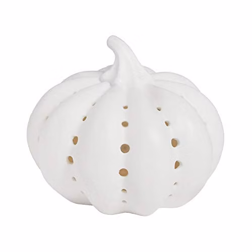 Lights4fun White Ceramic Pumpkin LED Light for Autumn and Halloween Decoration, H 17 cm x W 17 cm x D 14 cm – 5