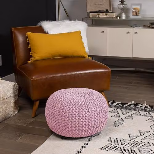 Snug City Pink Chunky Knitted Round Cotton Pouffe Ottoman Footstool – 5