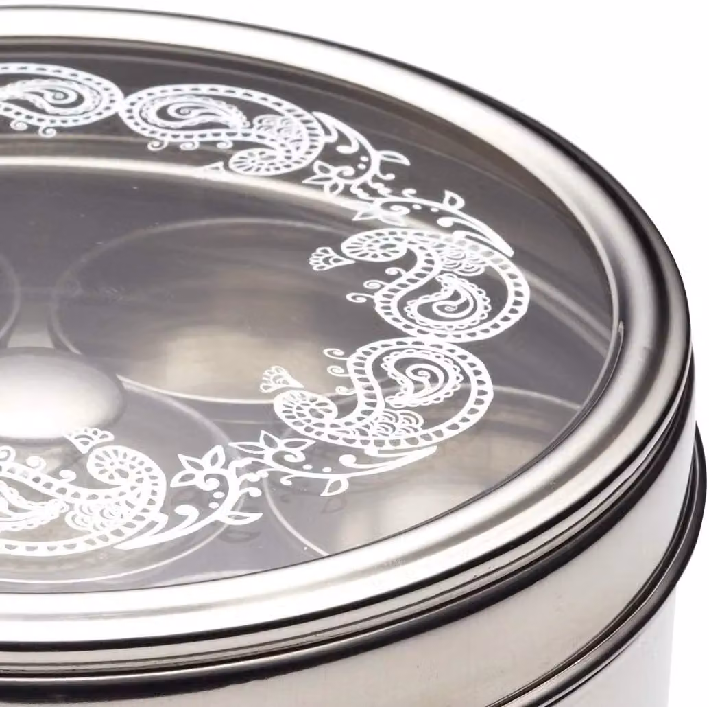 KitchenCraft World of Flavours Indian Spice Box Masala Dabba in Silver Stainless Steel, Diameter: 17 cm – 7